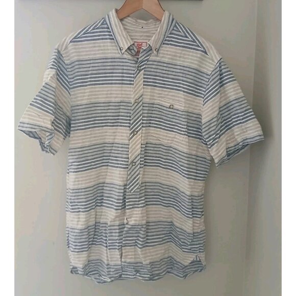 Flint and Tinder Short Sleeve Button Down Shirt Size XL Blue Tan Stripe Ramie - Picture 1 of 9
